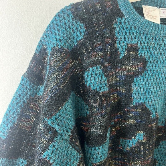 Vintage Bugatchi Sweater Mens M Crew Neck Pullover 90s‎ 80s All Over Print Teal - Picture 8 of 12